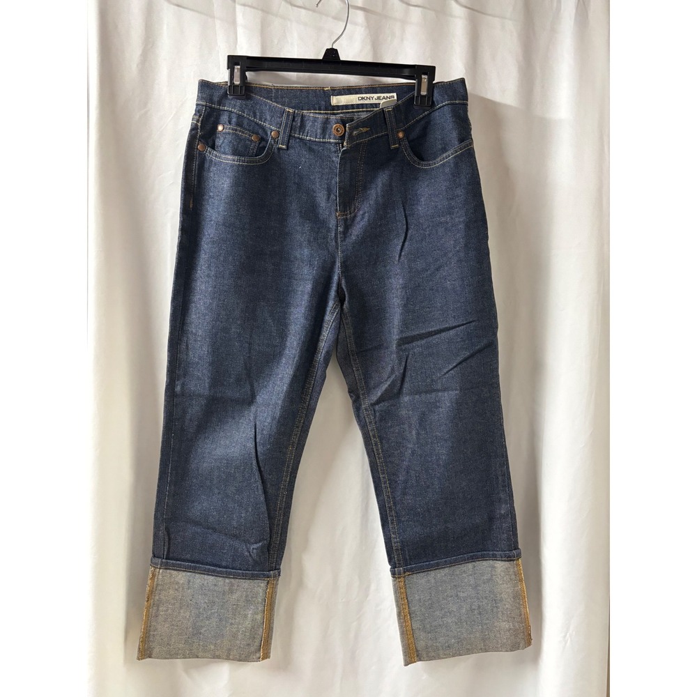 DKNY Jeans Womens Dark Wash Wide Cuff Cropped Straight Leg Denim Capris Blue